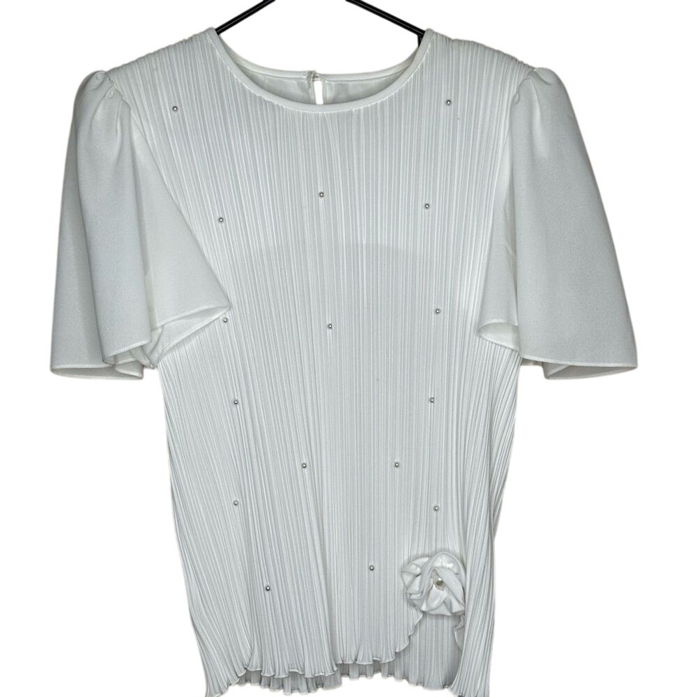 Vintage Boston Maid White Pleated Blouse Studded Rosette Short Sleeve‎ Top Sz 14